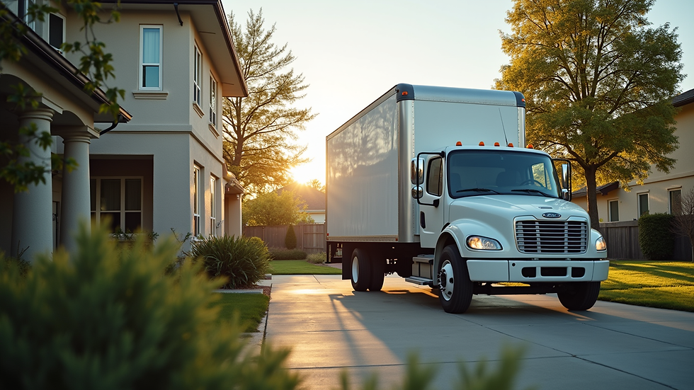 Eye-level view of a moving truck parked outside a suburban house
