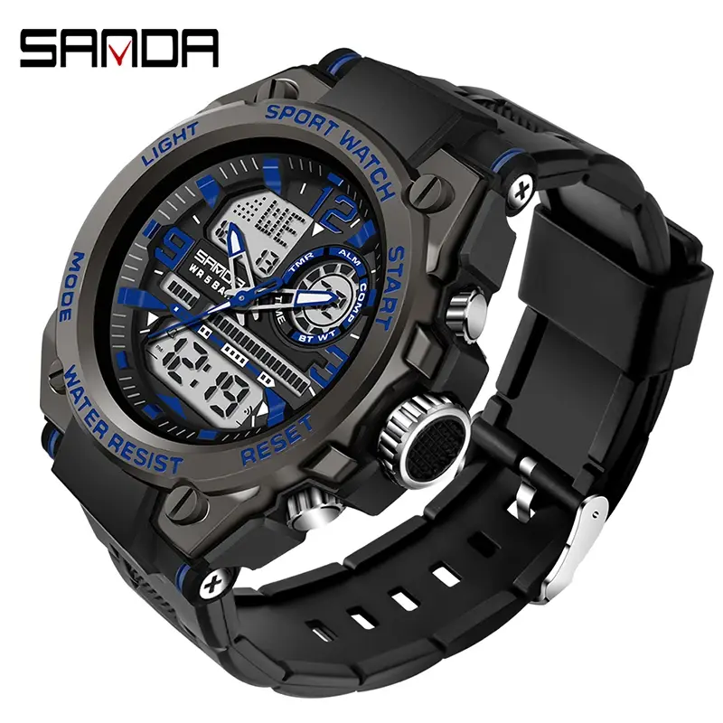Thumbnail: SANDA Military Quartz Watch – Dual Display LED Waterproof Men’s Sports Watch