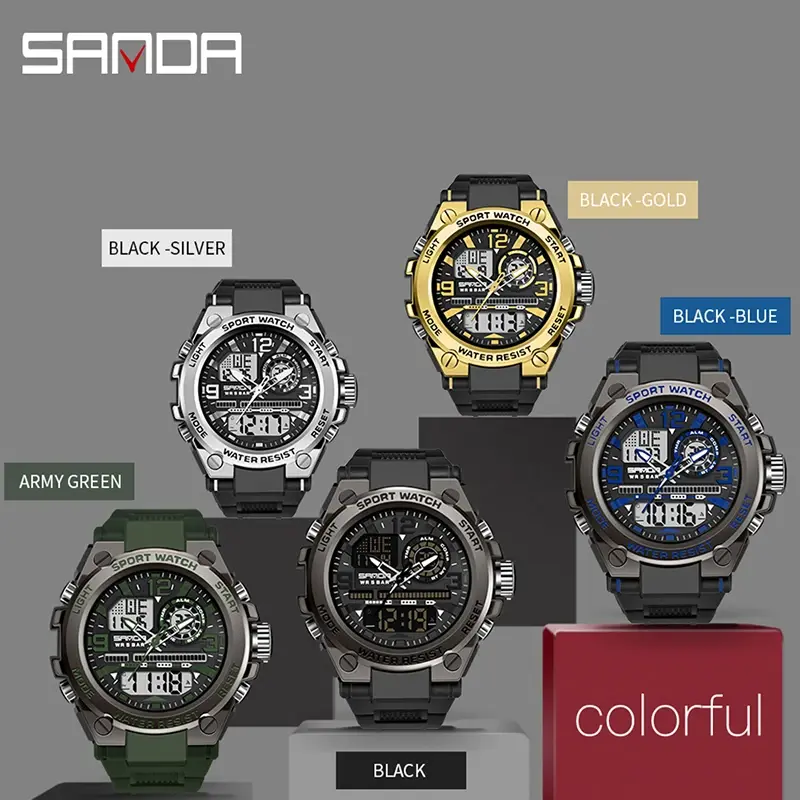 Thumbnail: SANDA Military Quartz Watch – Dual Display LED Waterproof Men’s Sports Watch