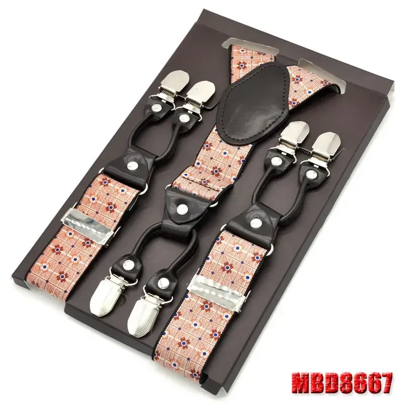 Thumbnail: Men’s Adjustable Leather Braces – Jacquard Suspenders, 6 Clips, 8 Colors