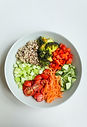 Um prato contendo cenoura picada, tomate picado,chuchu ao cubo, arroz á grega,brócolis,pimemntão vermelho,pepino picado. A cor do prato é branca.