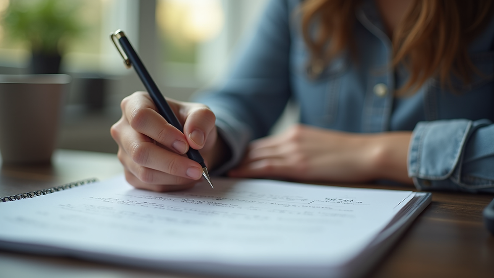 Eye-level view of a person writing notes during an online course