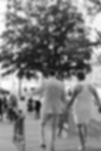 Rachel and Chace descend the courthouse steps holding hands, Their loved ones gather cheerfully below. Large tree in the background.