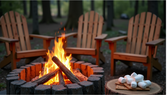 A campfire burns with wooden chairs around it; marshmallows on a plate suggest an outdoor gathering in a forest setting