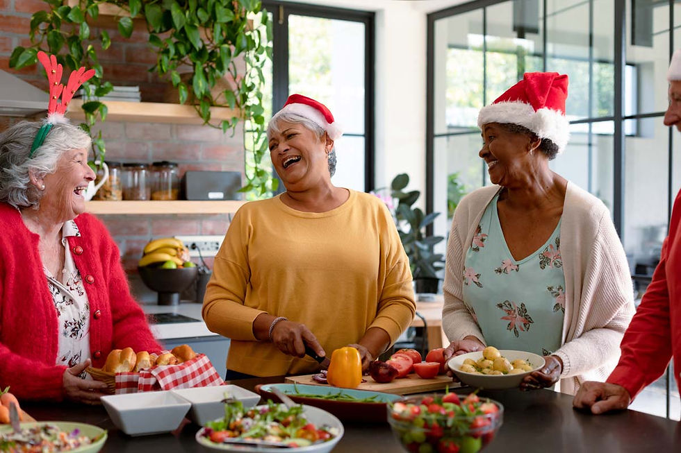 Friends enjoying holiday preparations together.