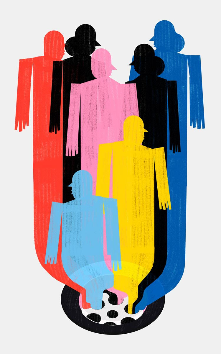 Conceptual colorful illustration about Seniors. Visual metaphor shows human figures of colored liquids sliding down to a drain.
