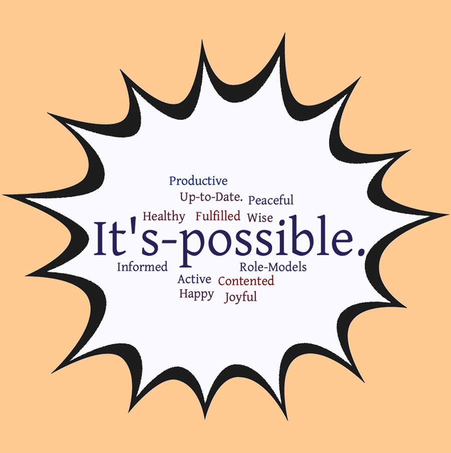 Quote bubble of positive phrases used to describe elders.