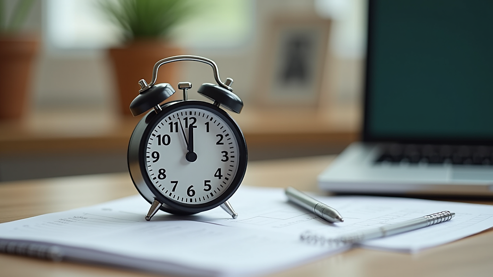 Close-up view of a timer and homework materials on a desk