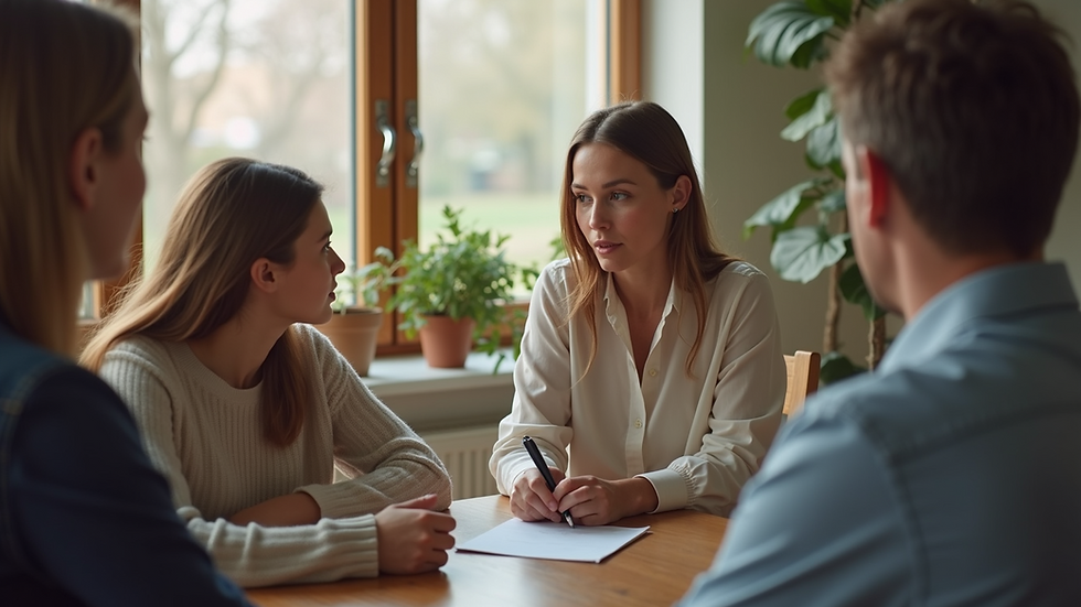 Close-up view of a mediator facilitating a family discussion in a cozy office