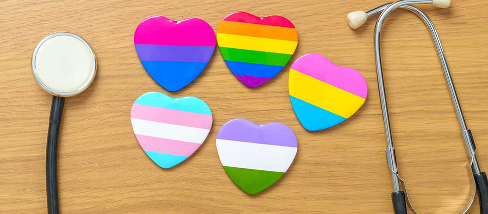 NHS gender clinic alternatives, heart-shaped pride flags with a stethoscope.