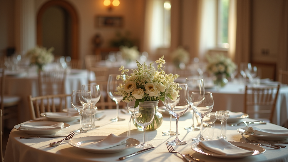 Eye-level view of a charming wedding venue with elegant table settings