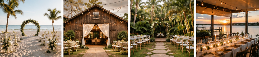 Four enchanting micro wedding options - a serence beach, barn, garden and waterfront.