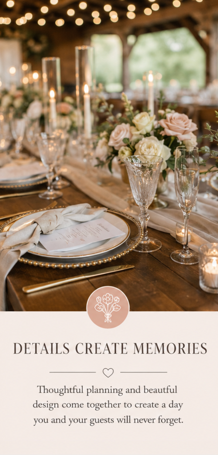 Elegant wedding reception table with roses, candles, glassware, and place settings; text reads DETAILS CREATE MEMORIES