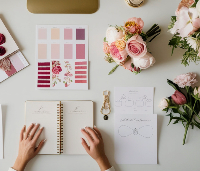 Hands on open notebook beside pink floral swatches, bouquet, and wedding sketch sheets on a white desk