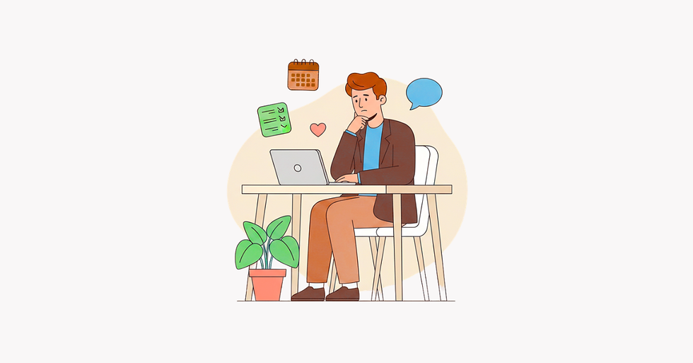 Modern flat vector illustration of a thoughtful coach sitting at a desk with a laptop, notebook, and plant, symbolizing introspection and client qualification in the coaching industry.