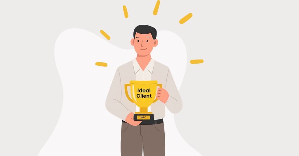 Illustration of a smiling person holding a golden trophy labeled 'Ideal Client' with 'No. 1' on the base, surrounded by yellow rays, symbolizing success in finding the perfect coaching client.