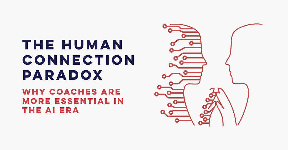 The Human Connection Paradox: AI circuit board face profile next to human outline illustrating why coaches are essential in the AI era.