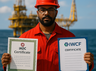 Oil & gas worker in red coverall holding IADC and IWCF certificates on an offshore platform.