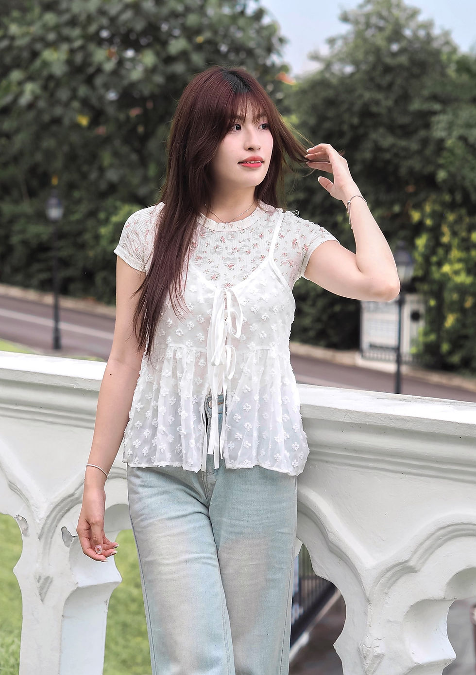 Thumbnail: Fleur Poppies Ribbon Mesh Spag Top