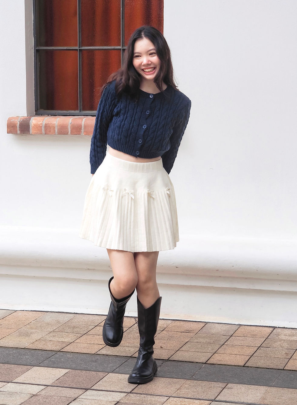 Thumbnail: Winter Sonata Ribbon Pleated Skater Skirt (CREAM)