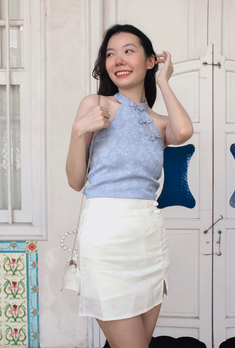 Thumbnail: Era of Romance Floral Halter Cheongsam Top [POWDER BLUE]