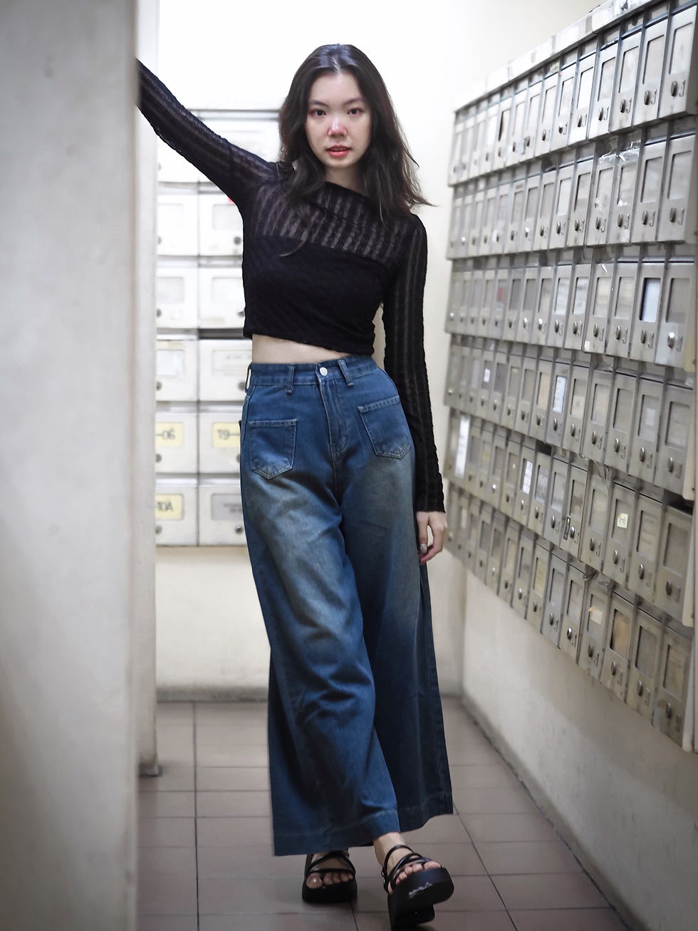 Thumbnail: Lustreglass Floral Lace Mesh Long Sleeve Top (BLACK)