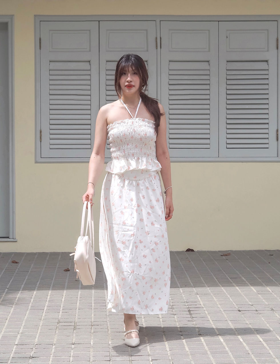 Thumbnail: [2-PIECE SET]  Blossoms of Blessings Smocked Ribbon Top + Maxi Skirt (CREAM)