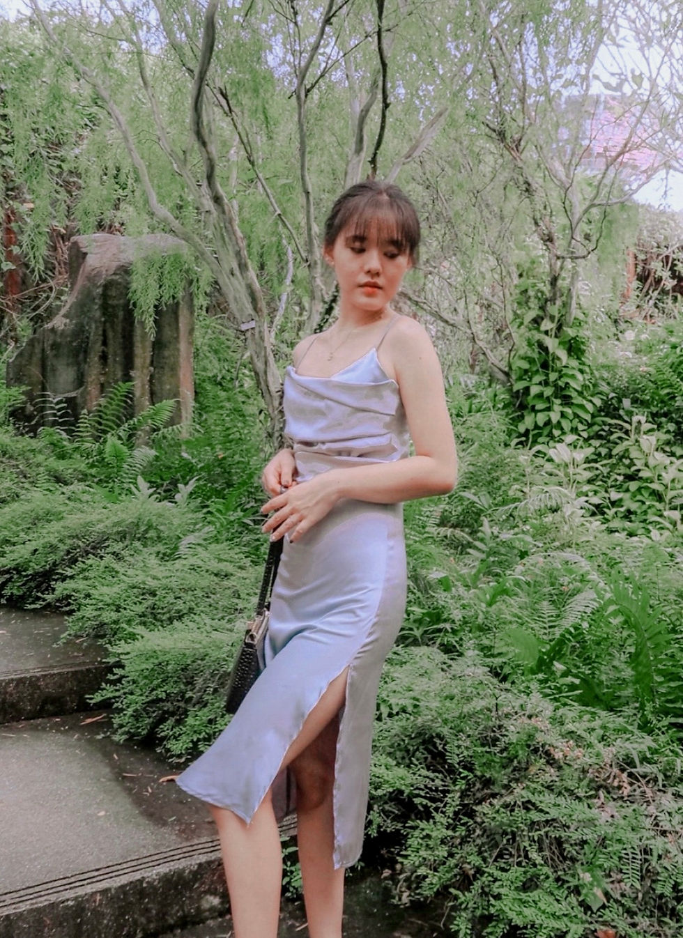 Thumbnail: Solstice Songs Satin Ruched Midi Dress (PERIWINKLE BLUE) 