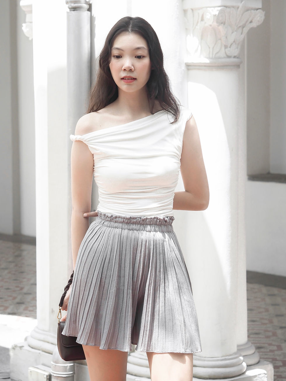 Thumbnail: Mademoiselle Crepe Pleated Skater Skirt (GREY)