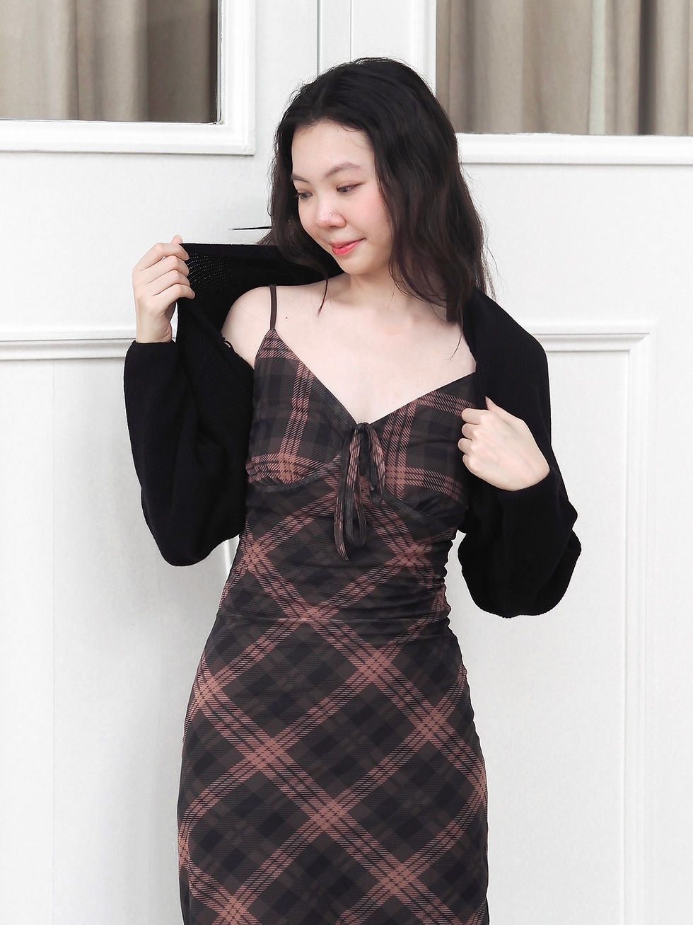 Thumbnail: [BUNDLE SET] Bottega Plaid Spag Dress Fluffy Bliss Knit Bolero