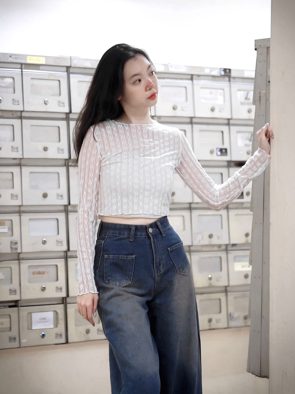 Thumbnail: [BUNDLE SET] Lustreglass Floral Mesh Lace Top x Ride To Die Vintage Denim Jean