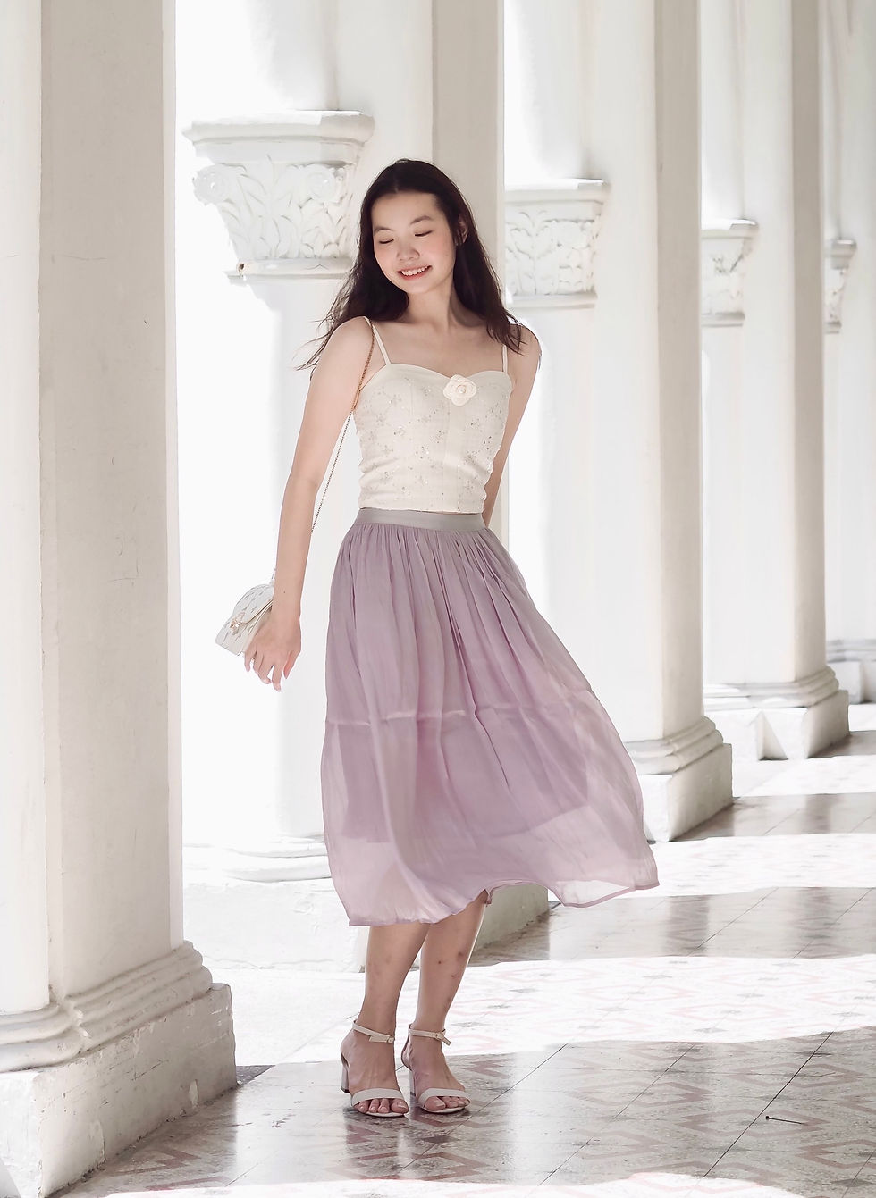 Thumbnail: Lumière Chiffon Crepe Skater Midi Skirt (LILAC)