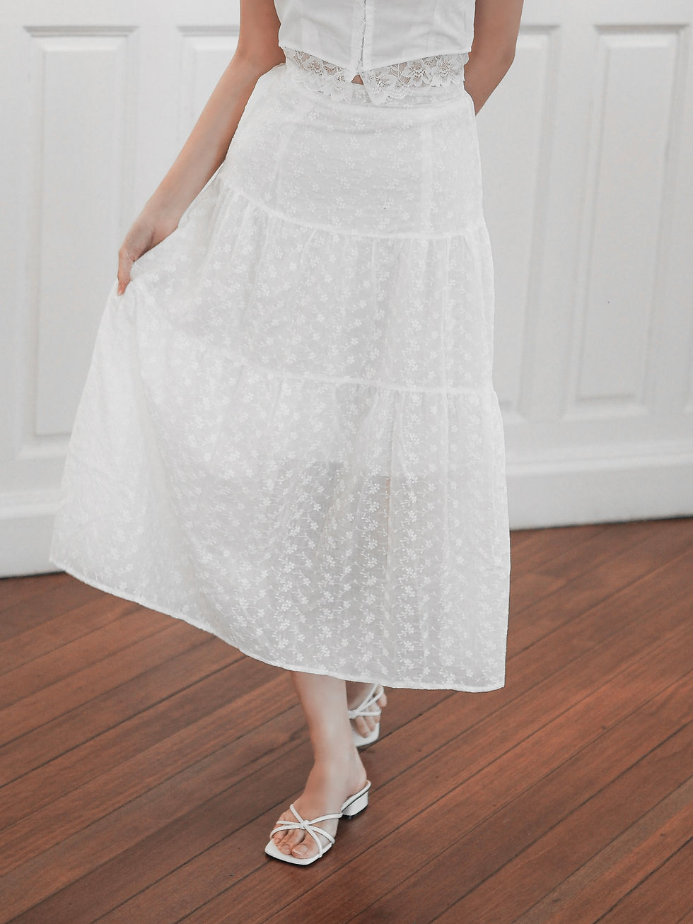 Thumbnail: [2 PIECE SET] Bella Donna Broderie Ribbon Top + Midi Skirt