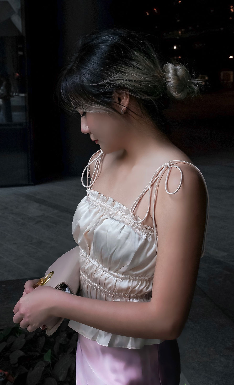 Thumbnail: L'Amour Satin Shoulder-Tie Ruffle Spag Top (CHAMPAGNE)