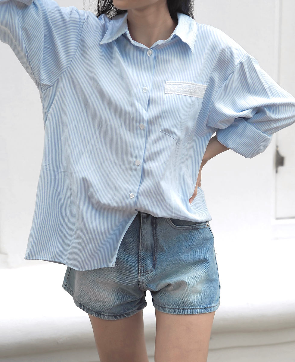 Thumbnail: Harborline Pinstripes x Lace Coquette Oversized Button Down Boyfriend Shirt