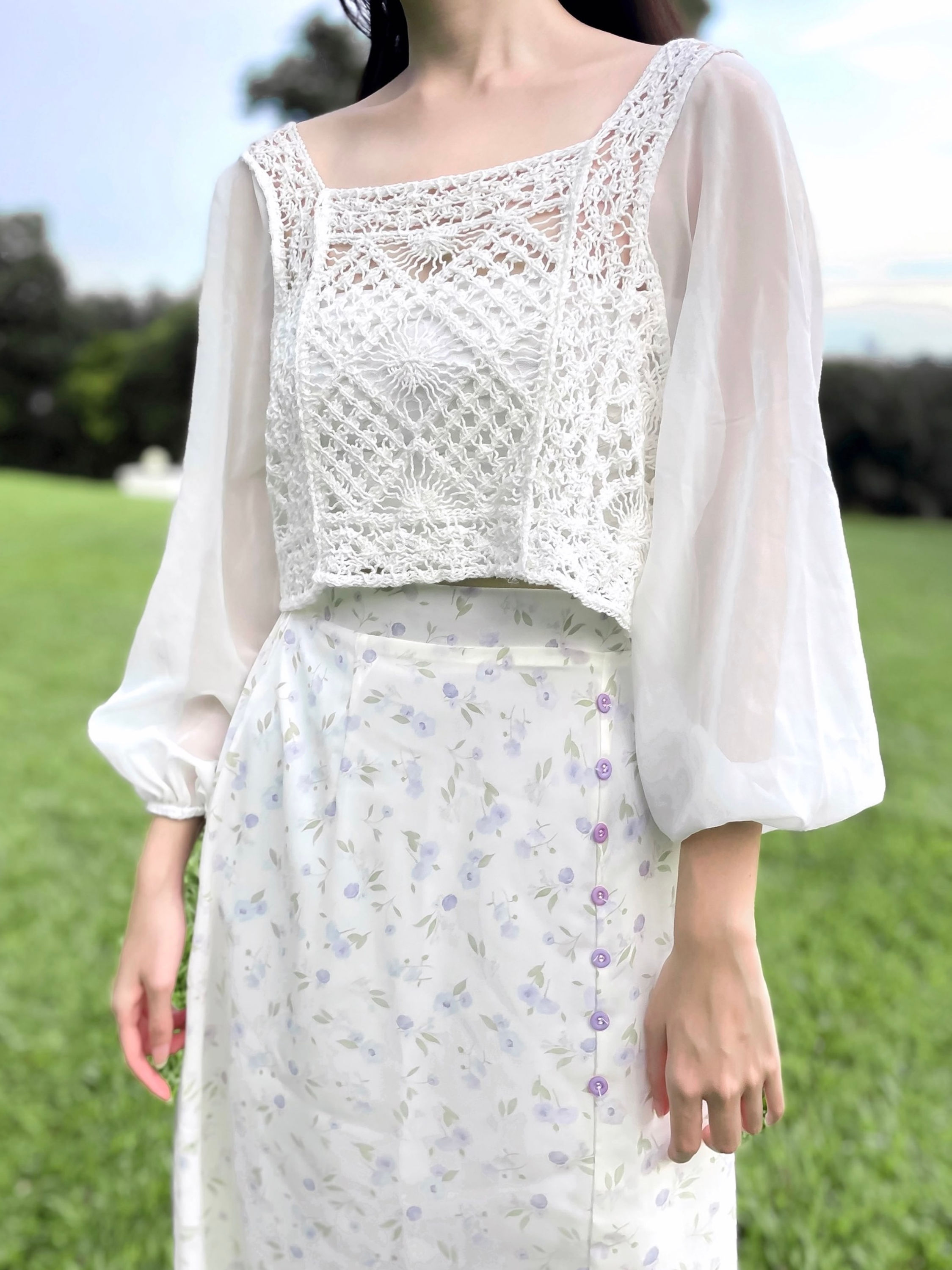 Soft Dove Crochet Mesh Long Sleeve Top