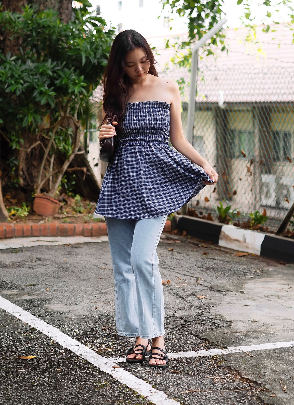 Thumbnail: Cody Vintage Checkered Smocked Babydoll Tube Top