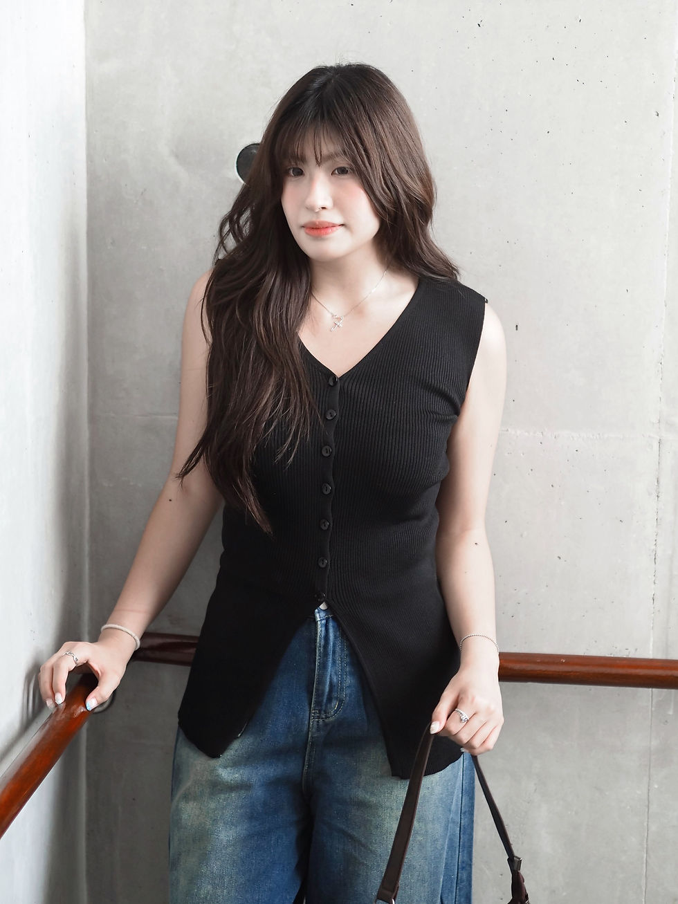 Thumbnail: Suave Of The Streets Pearl Button Down Knit Top (BLACK)