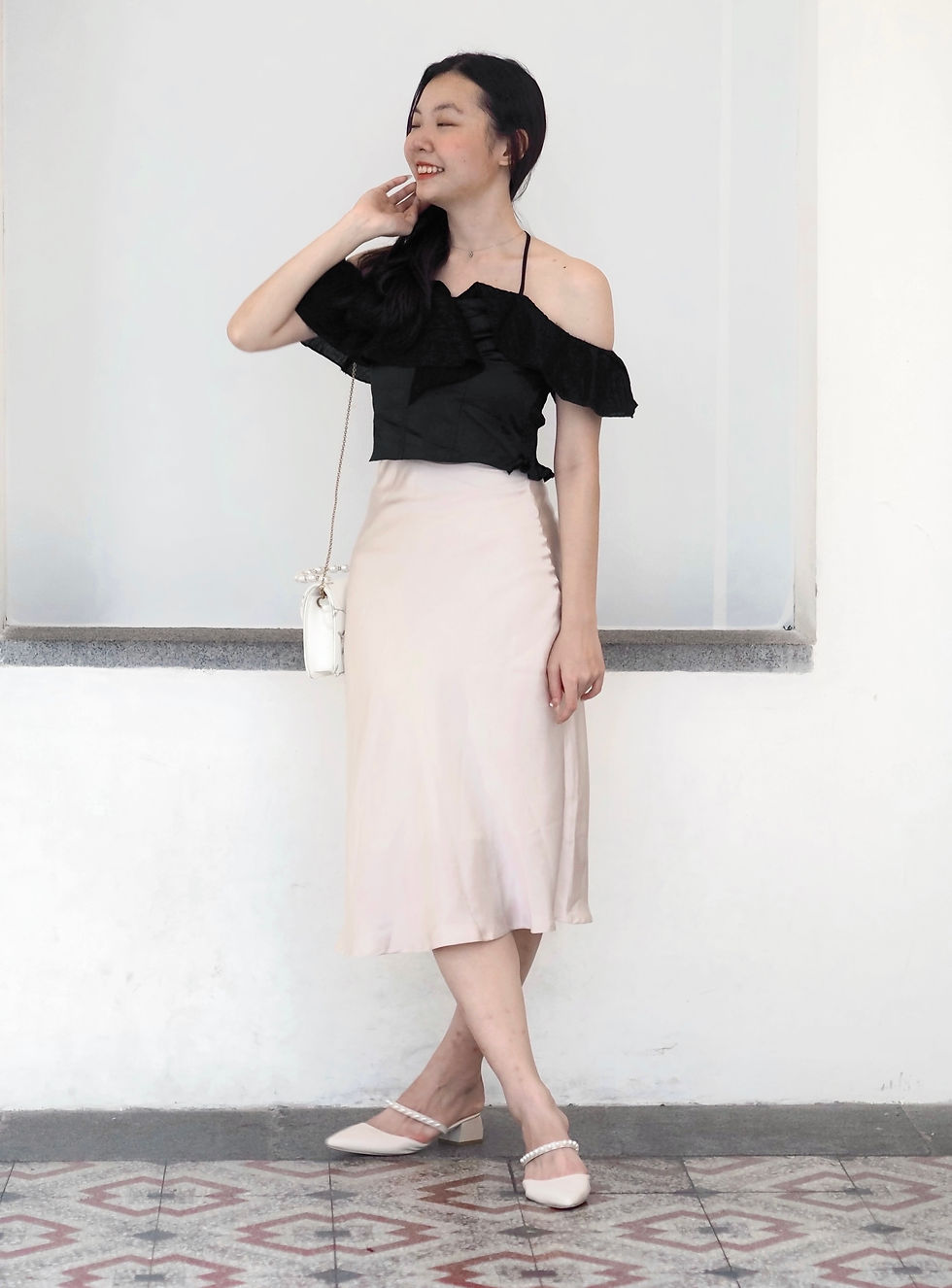 Thumbnail: Dovey Diaries Satin Flutter Cold Shoulder Halter Top (BLACK) 