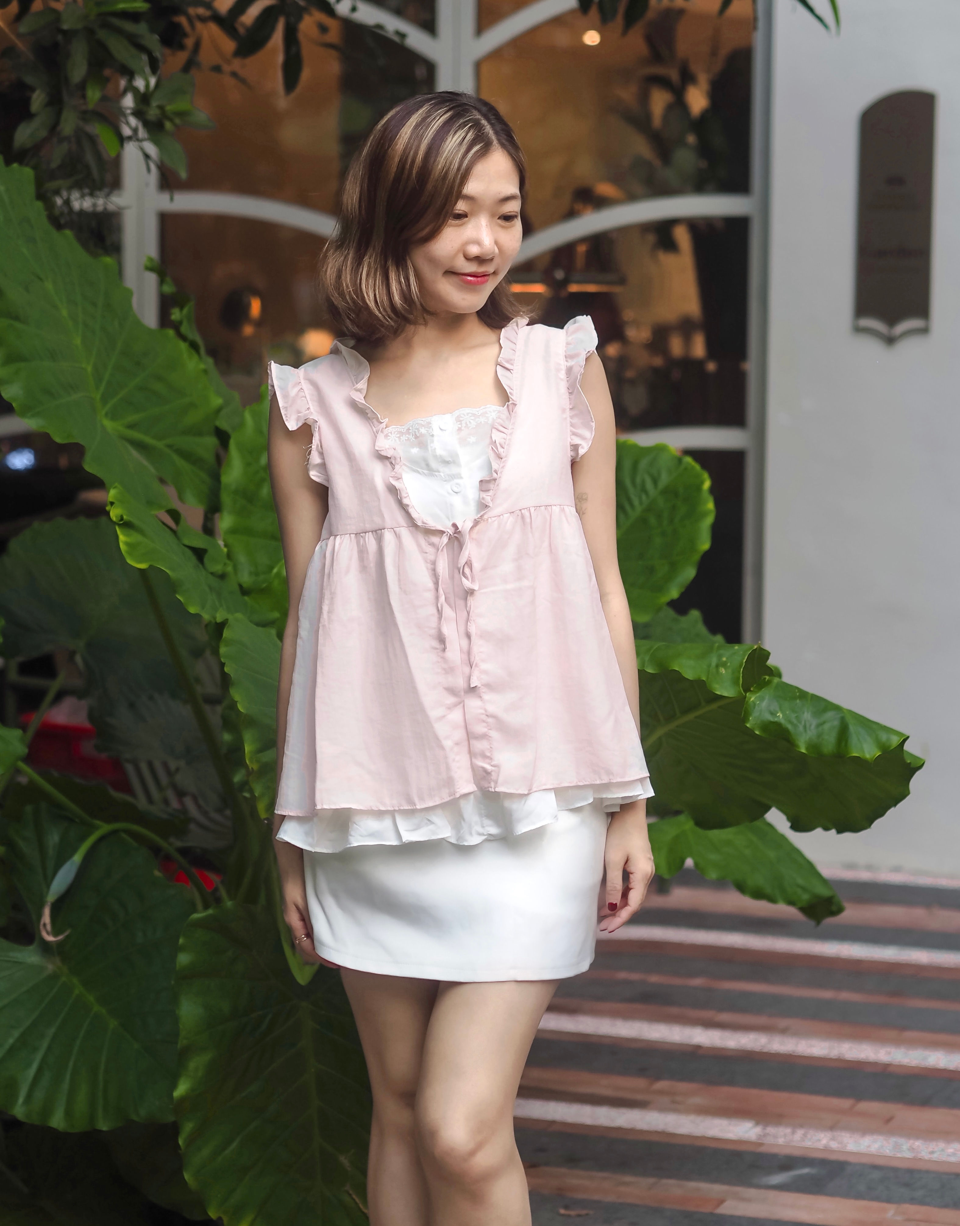 Cottage Prairies One-Piece Ribbon Crochet Ruffle Top (PASTEL PINK)