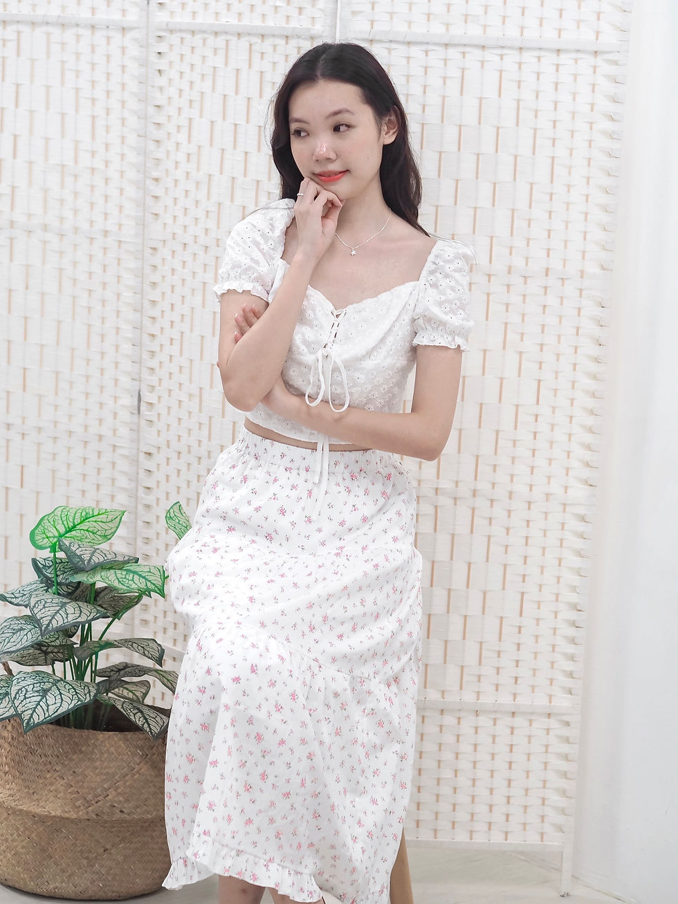 Thumbnail: Petals On The Sill Midaxi Skater Skirt (WHITE)
