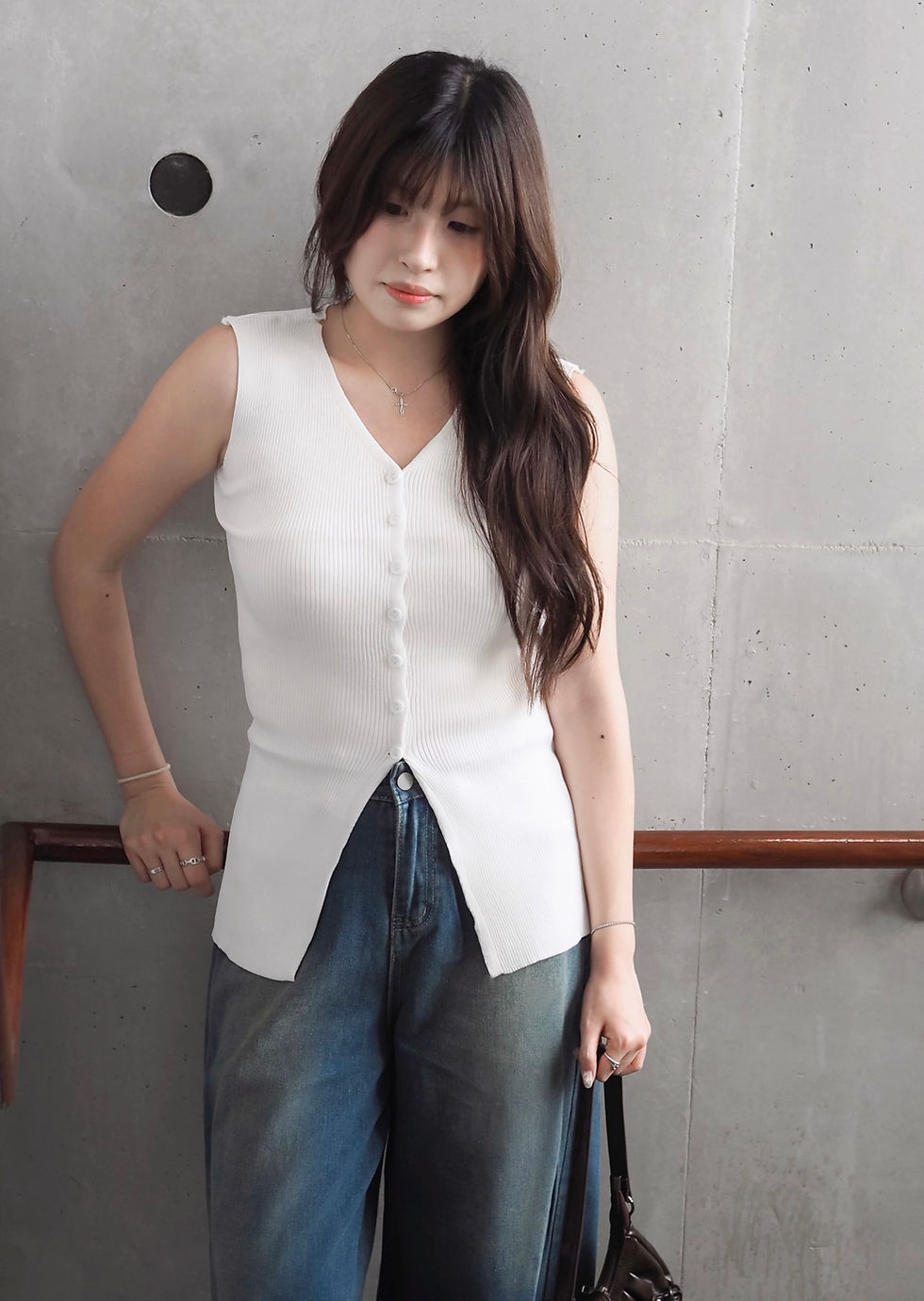 Thumbnail: Suave Of The Streets Pearl Button Down Knit Top (WHITE)