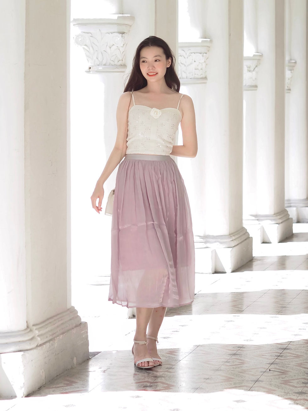 Thumbnail: Lumière Chiffon Crepe Skater Midi Skirt (LILAC)