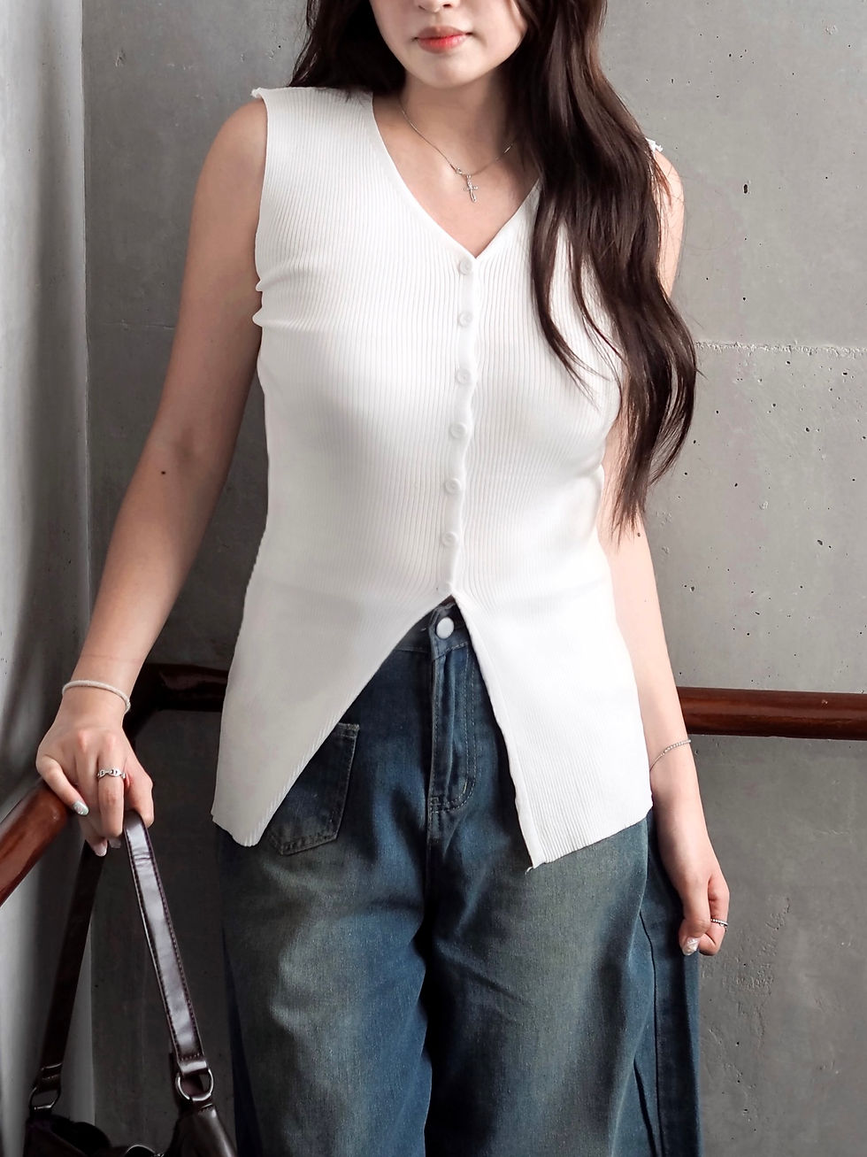 Thumbnail: Suave Of The Streets Pearl Button Down Knit Top (WHITE)