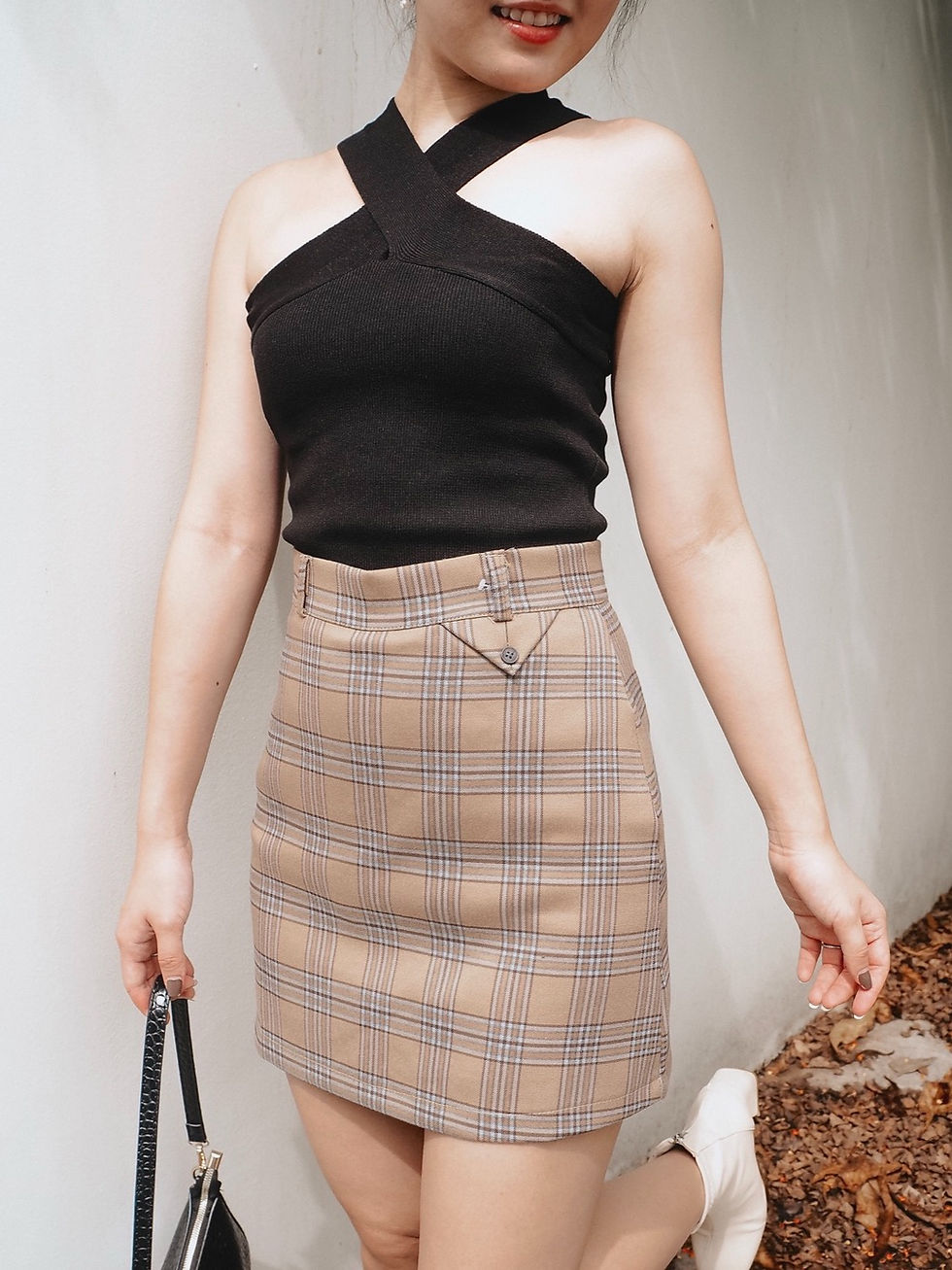 Thumbnail: Tea on the Porch Checkered Plaid Skirt [KHAKI BROWN]