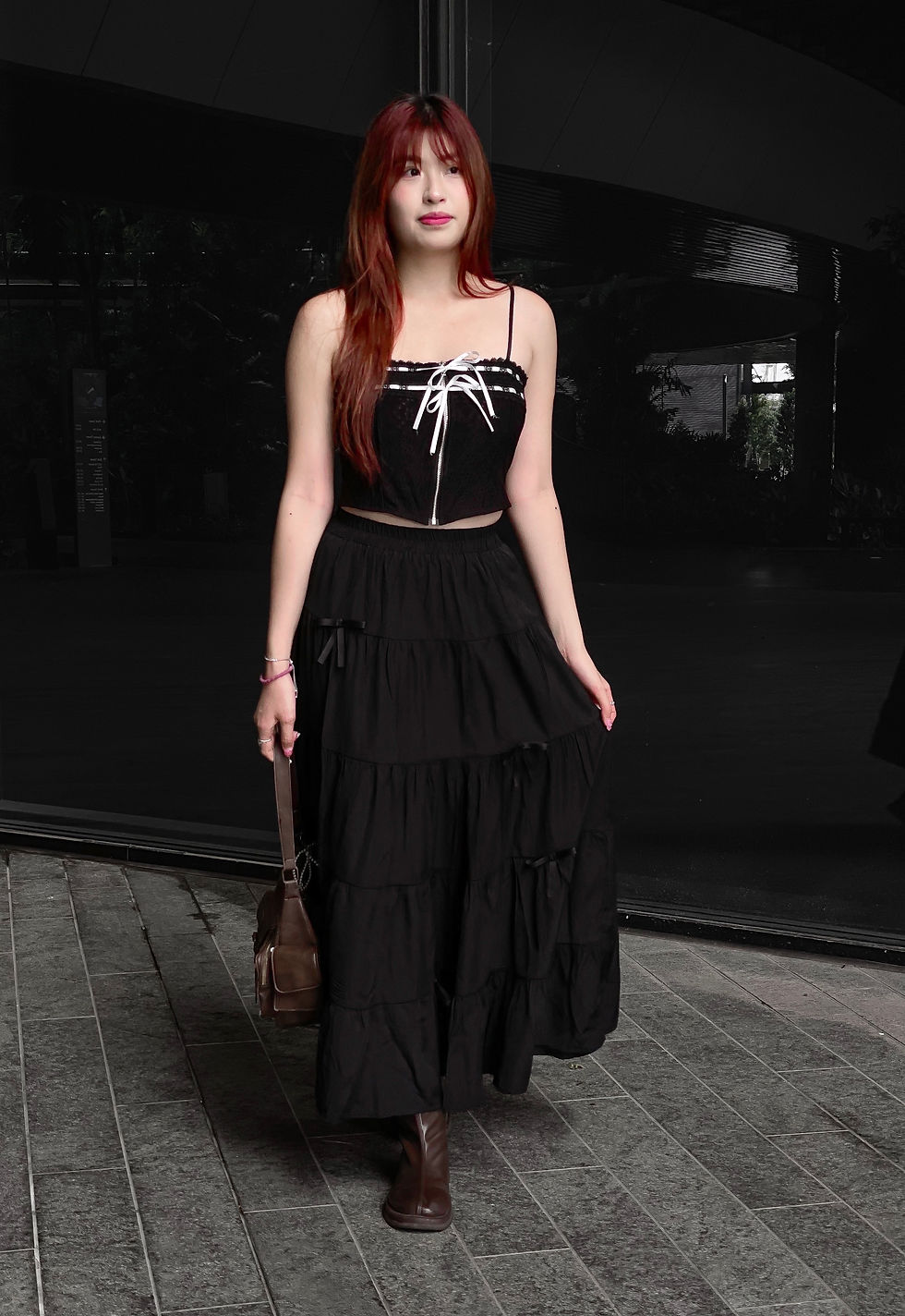 Thumbnail: High School Romance Ribbon Tier Midaxi Skirt (BLACK) 