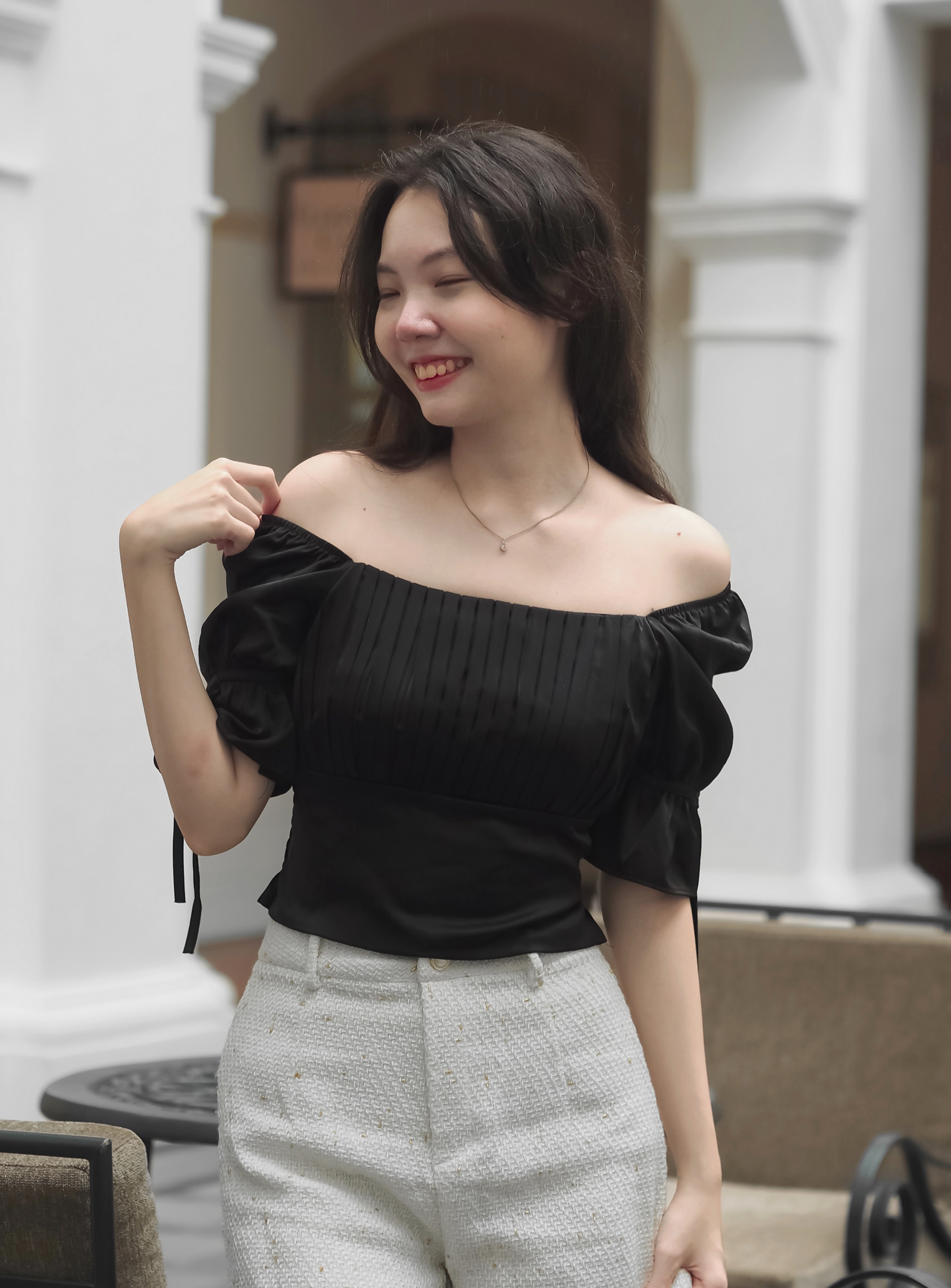 Candlelight Panelled Pleated Ribbon Top (BLACK)