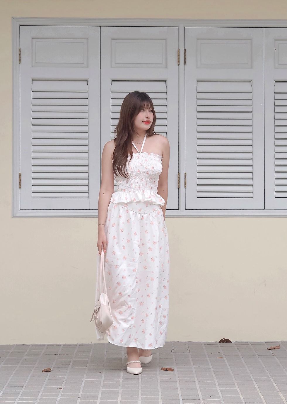 Thumbnail: [2-PIECE SET]  Blossoms of Blessings Smocked Ribbon Top + Maxi Skirt (CREAM)
