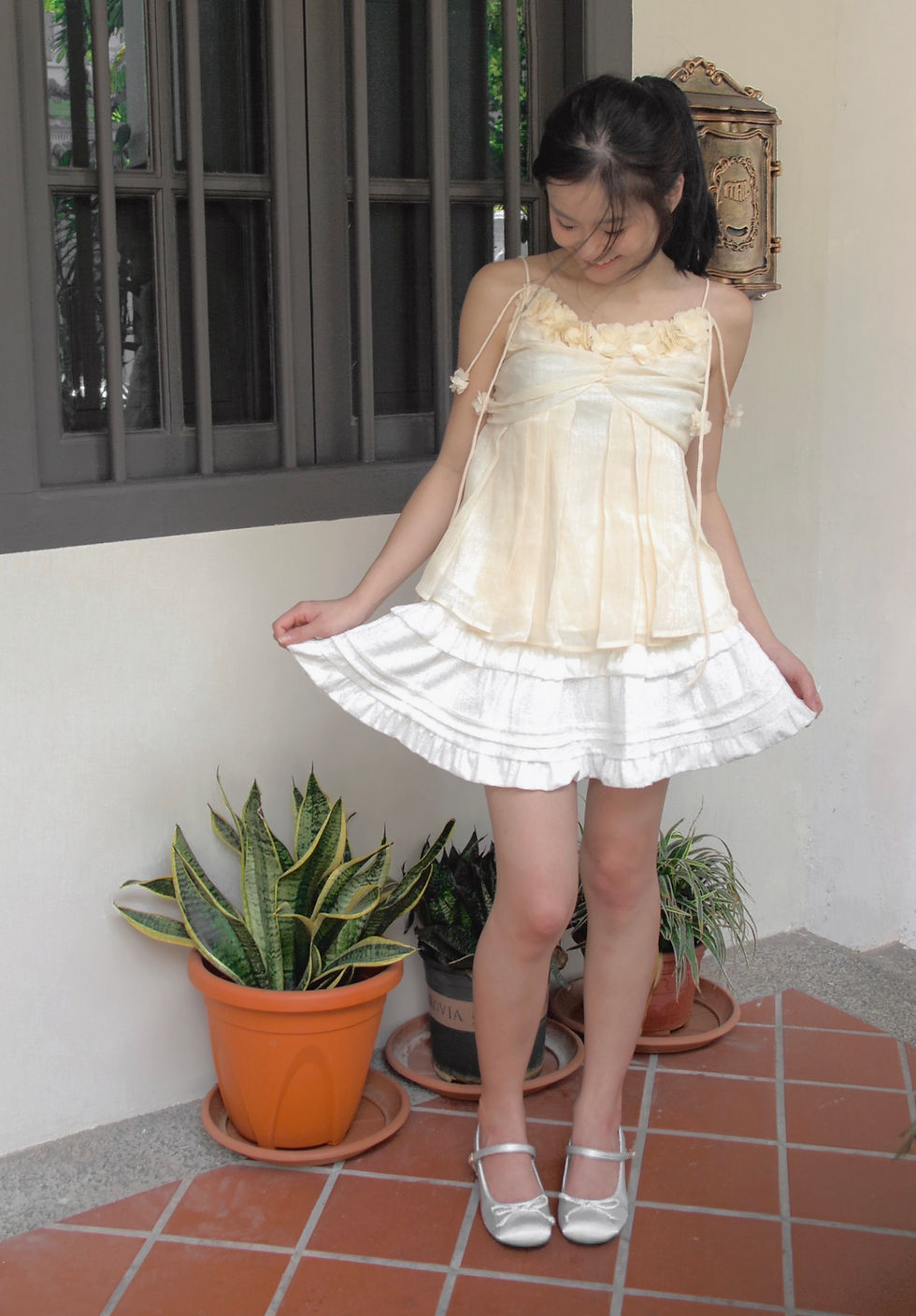 Thumbnail: Petals and Kisses Padded Flutter Spag Top (BEIGE) 