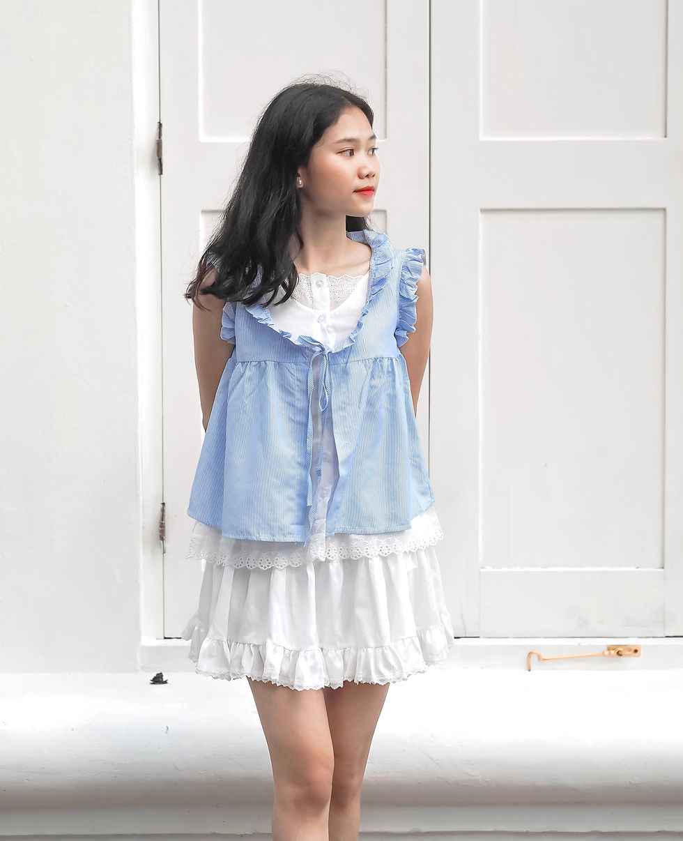 Thumbnail: Sailorgirl One-Piece Pinstripes Ribbon Crochet Ruffle Top (BLUE)